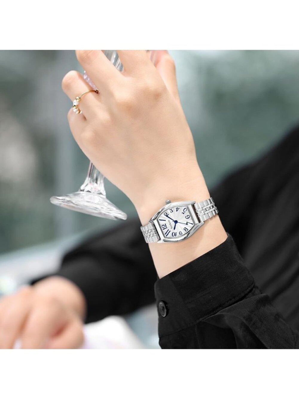 Women's Silver-Blue Barrel-Shaped Easy Read Arabic Numerals Dress wrist Watch - Picture 2 of 6